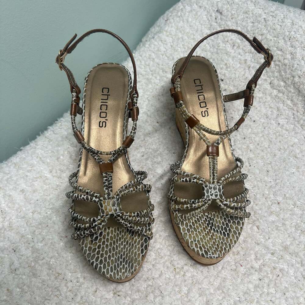 Chico's Faux Snakeskin Strappy Cork Wedge Sandals